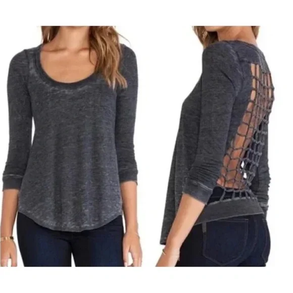 Chaser Revolve Grid Open Back Long Sleeve Tee 360 Light Grey NWT Small - Picture 1 of 6